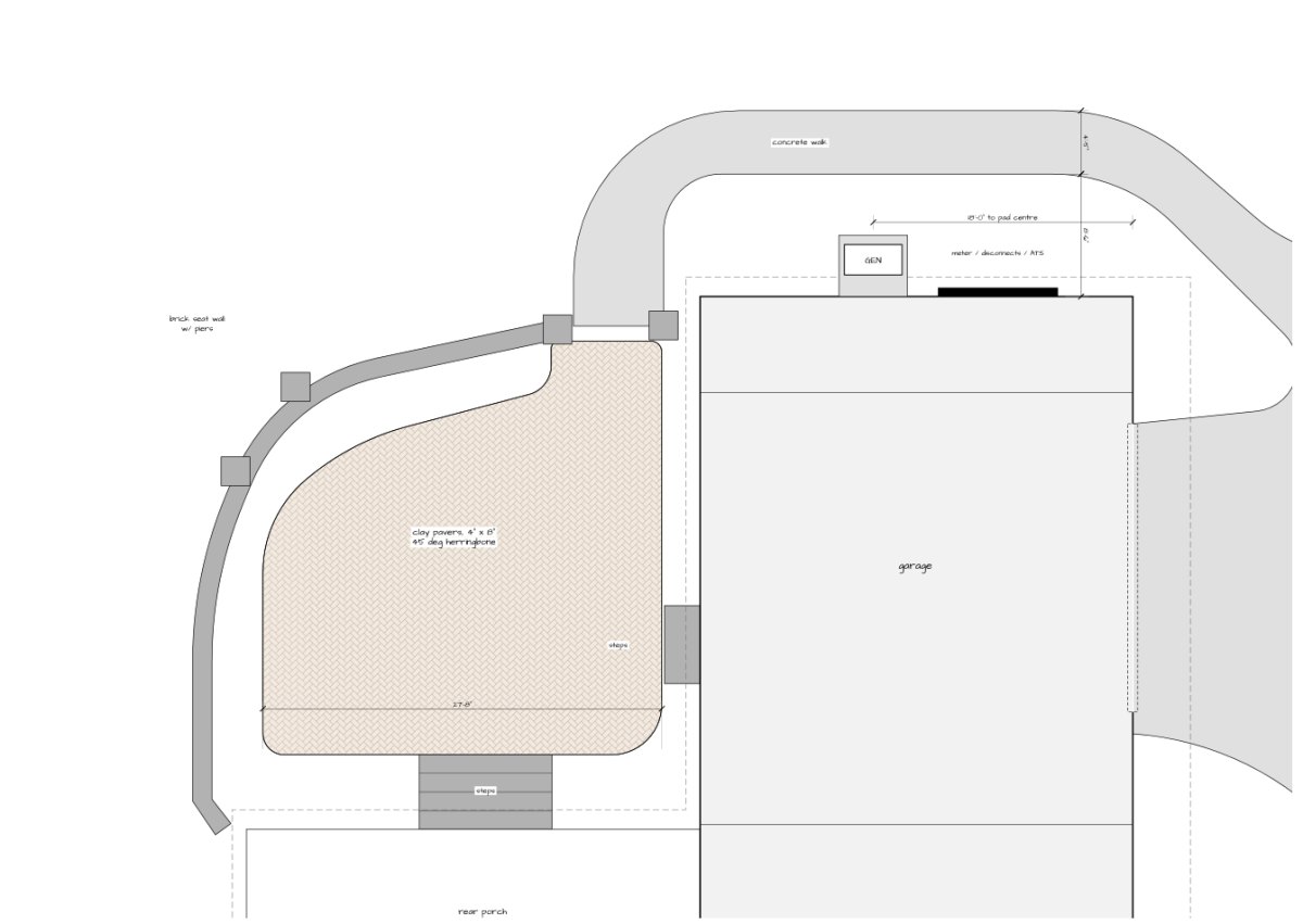 Enlarged as-built plan of a brick paver patio, seat wall, walk, generator pad and garage